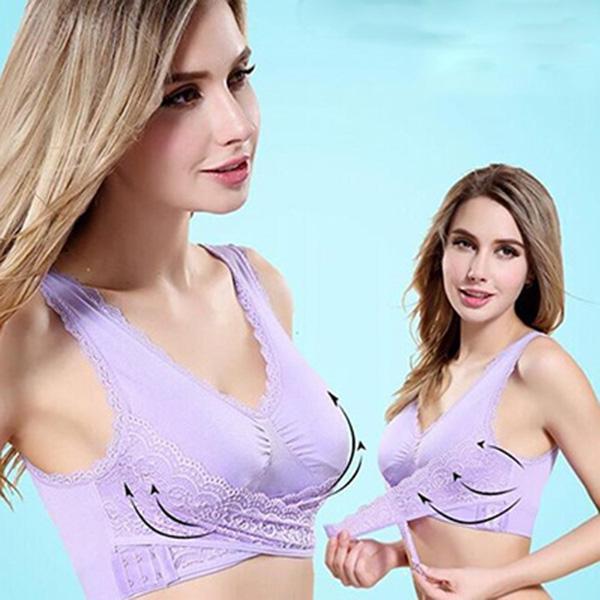 Front Cross Side-Buckle Lace Wireless Lift Bra